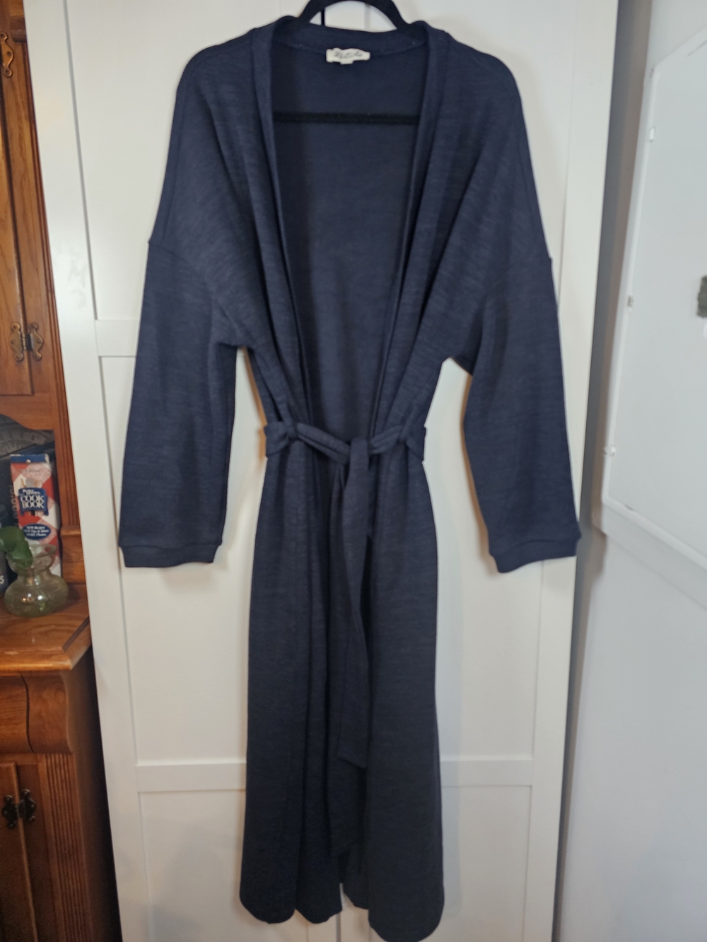 Listicle Navy Blue Knit Longline Duster Cardigan Robe with Belt - Size Medium